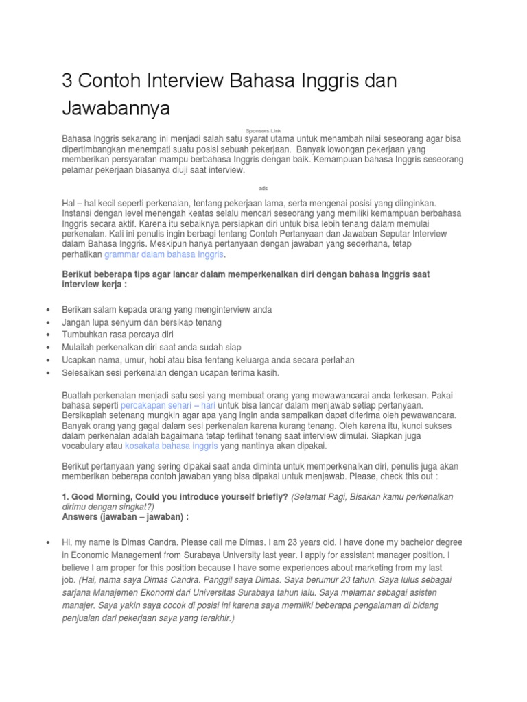 3 Contoh Interview Bahasa Inggris Dan Jawabannya