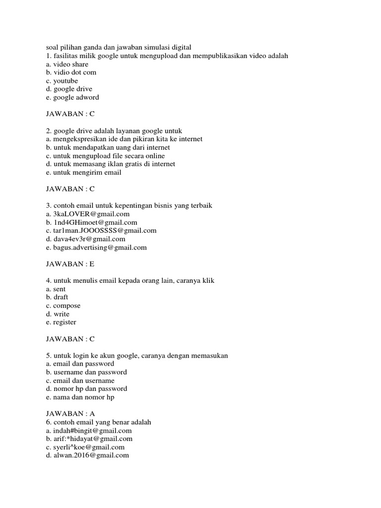 Soal Pilihan Ganda Dan Jawaban Simulasi Digital