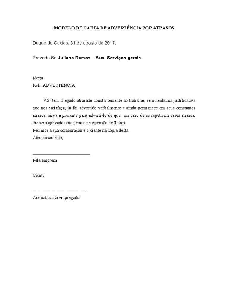Modelo de Carta de Advertncia Por Atrasos