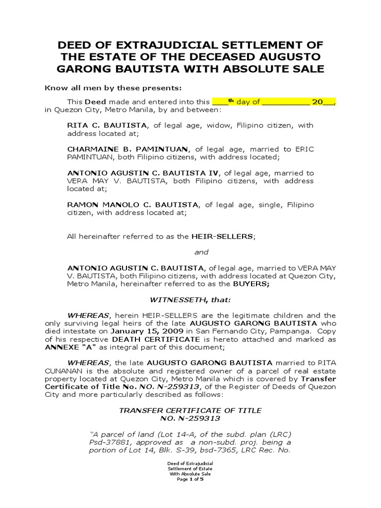 Extrajudicial Settlement with Sale Sample | PDF | Property | Will And ...