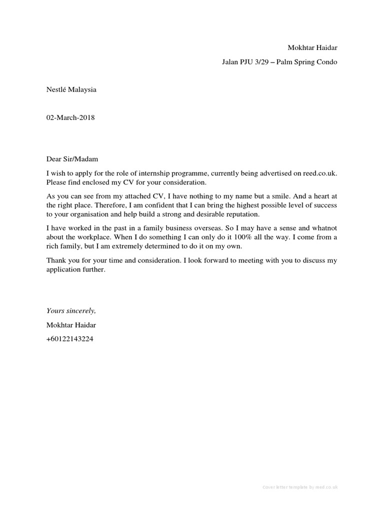 Yours Sincerely, Cover Letter Template by Reed Co.uk PDF