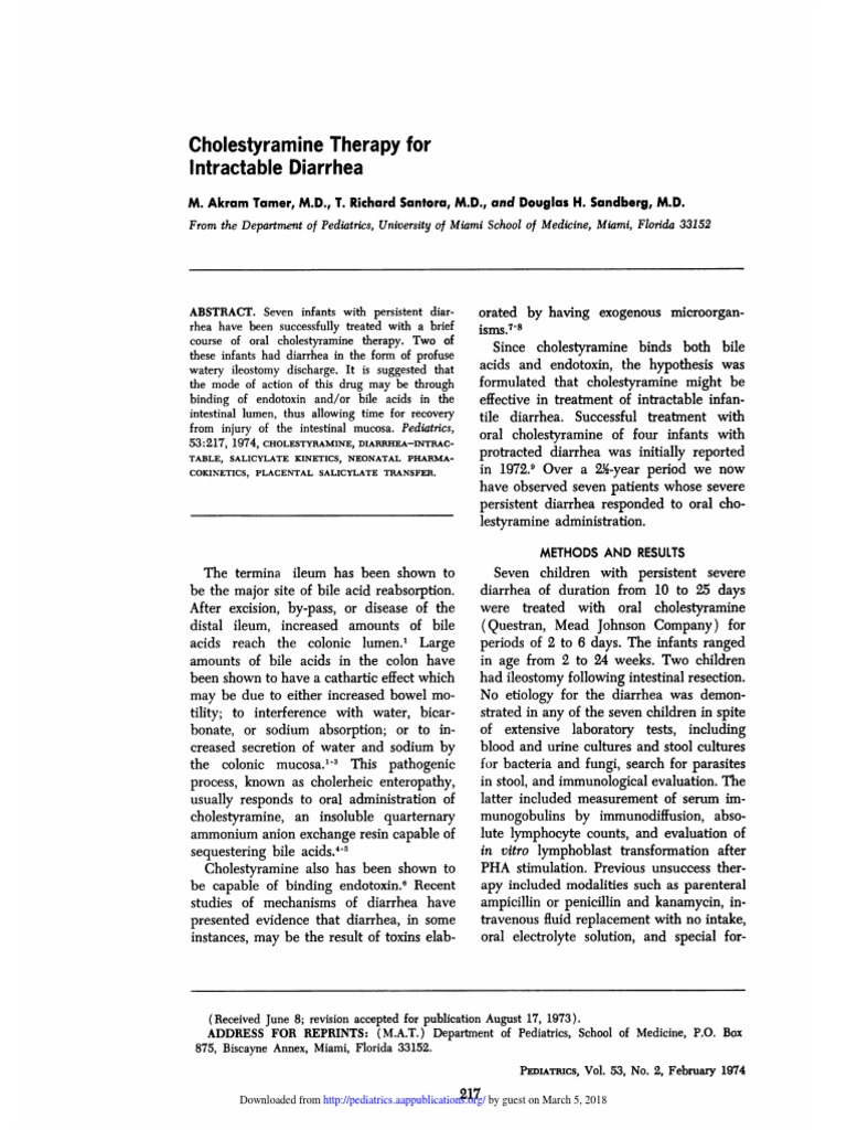 Cholestyramine Therapy for Intractable Diarrhea Diarrhea Digestive