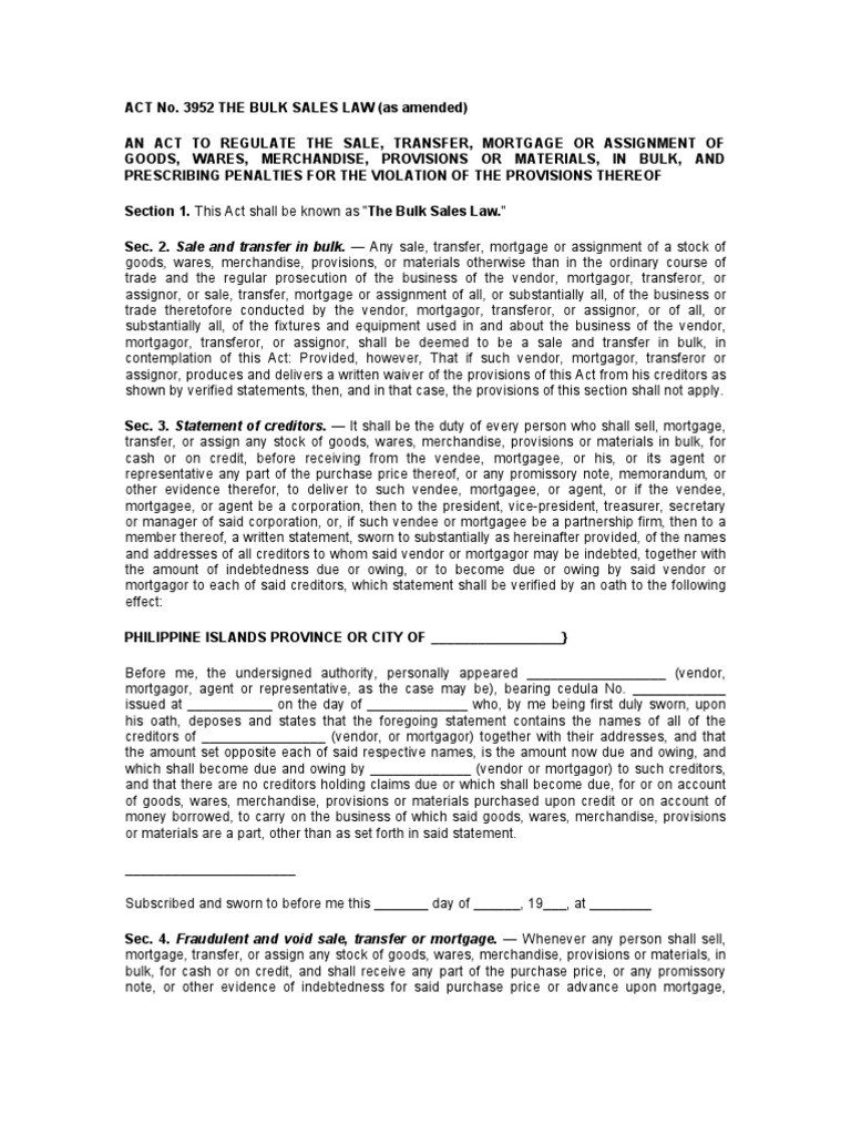 RA 3952 The Bulk Sales Law PDF Mortgage Law Assignment (Law)