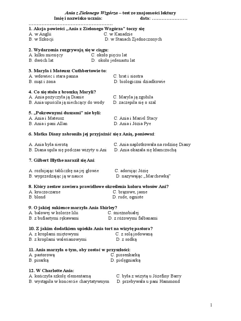 Ania Z Zielonego Wzgorza Test Z Odpowiedziami Pdf