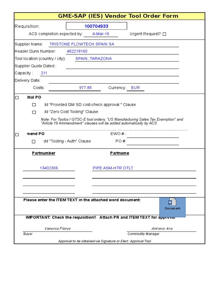 GME-SAP Vendor Tool Order Form | PDF