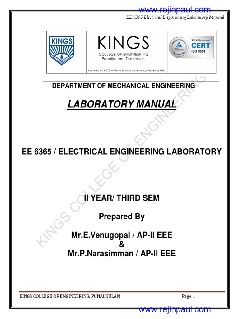 Laboratory Manual for Electrical Engineering Experiments at Kings