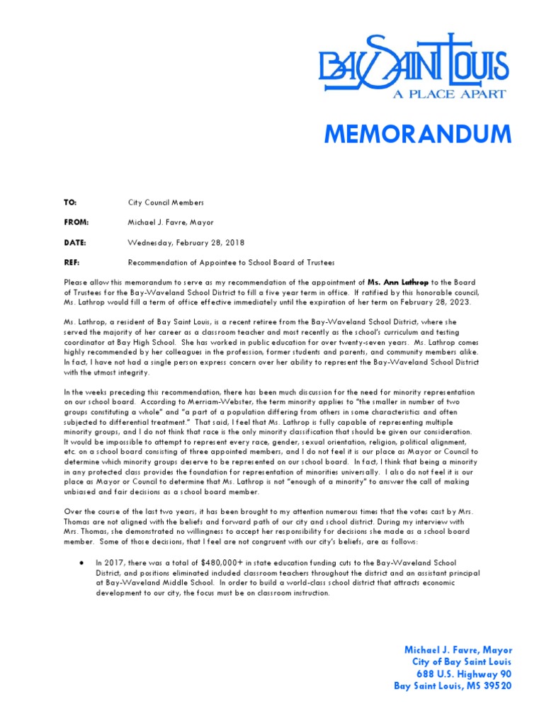 Memorandum (School Board Appointment) School District Board Of