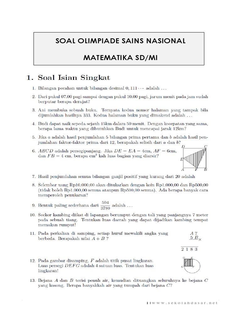 Soal Olimpiade Sains Nasional Matematika Sd Mi Pdf