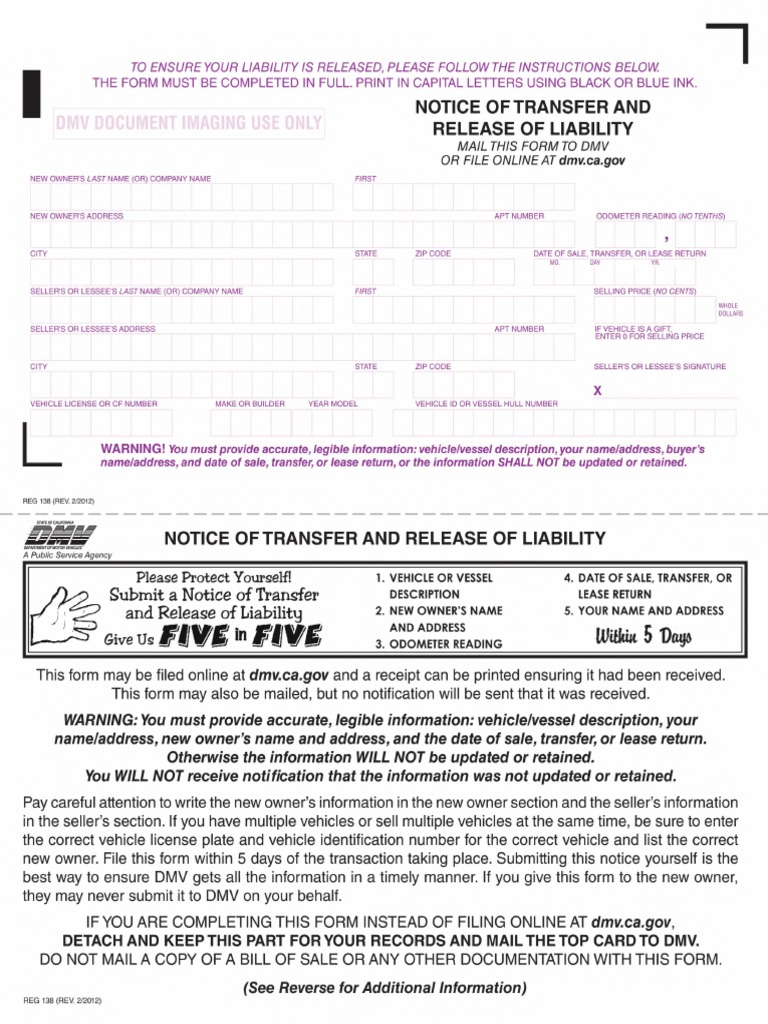 Dmv Release Of Liability >> Reg 138 Notice Of Transfer And Release Of Liability Dmv Release Of Liability >> Reg 138 Notice Of Transfer And Release Of Liability