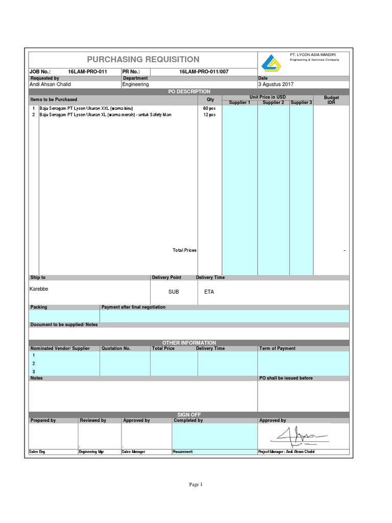 Purchasing Requisition for Safety Uniforms for PT Lycon Asia Mandiri ...