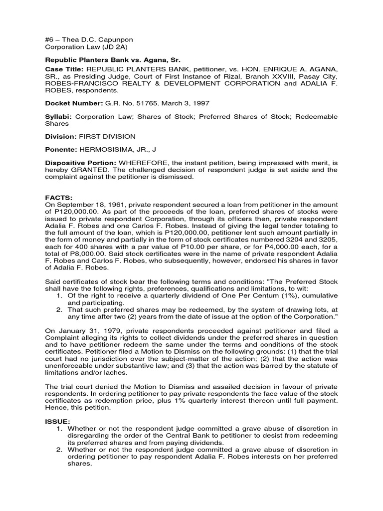6 Case Republic Planters Bank Vs Agana Corporation Law PDF