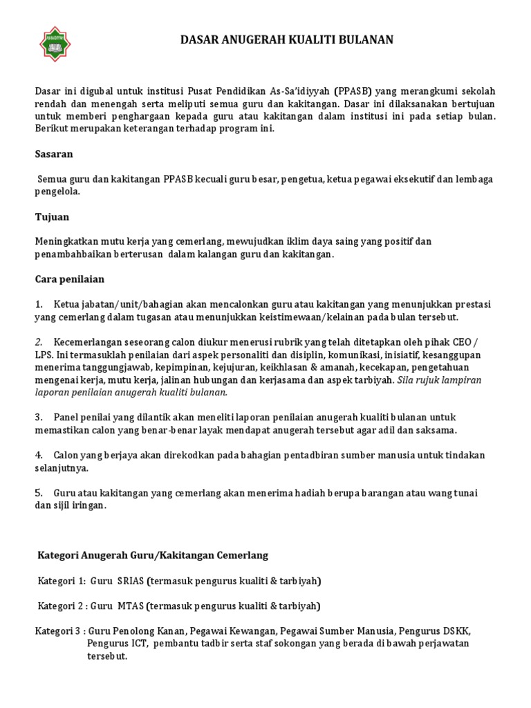 Dasar Anugerah Kualiti Bulana1 Pdf