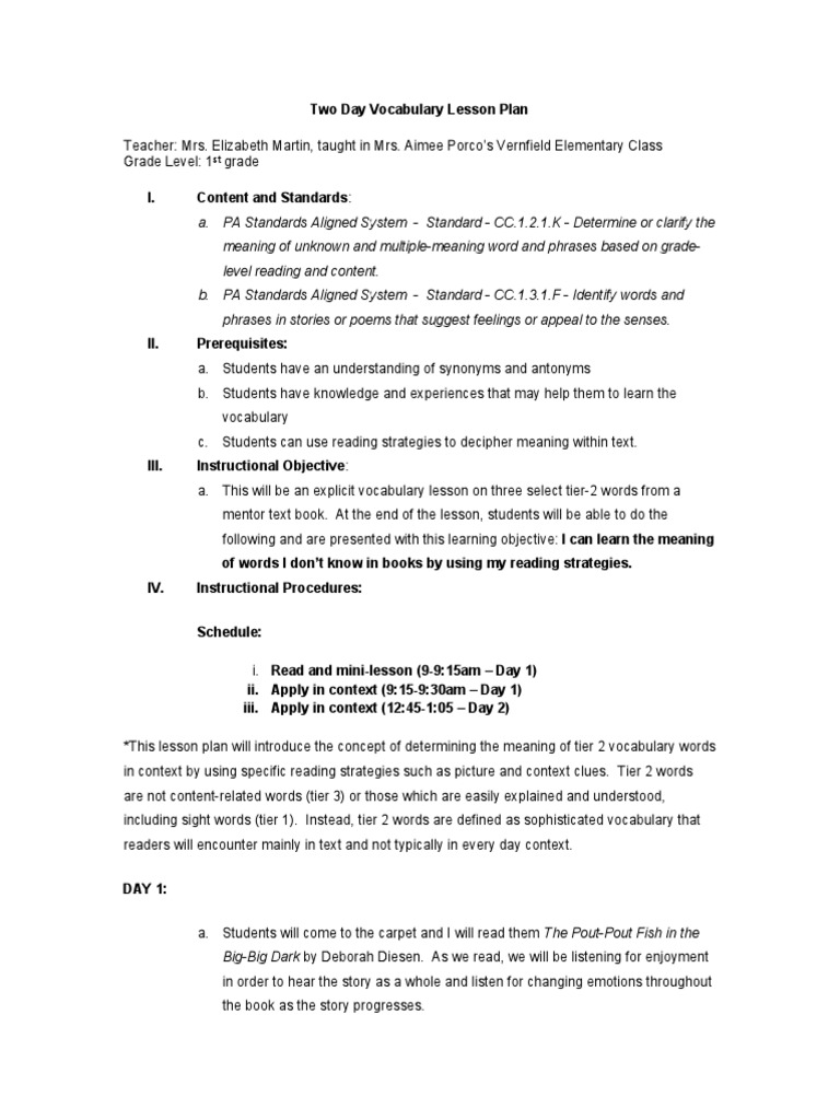 Two-Day Vocabulary Lesson Plan for Grade 1 | PDF | Educational ...
