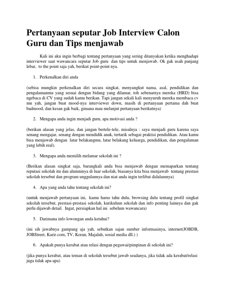 Pertanyaan Seputar Job Interview Calon Guru Dan Tips Menjawab