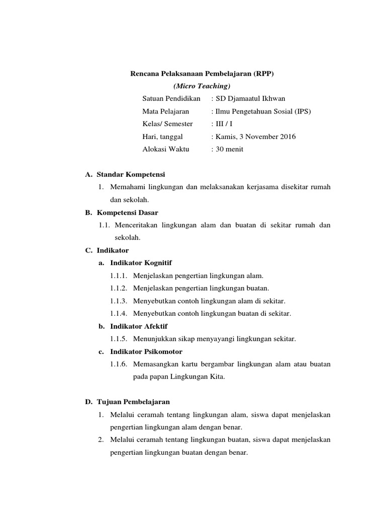 RPP Micro Teaching IPS Kelas 3 SD | PDF | Seni & Disiplin Bahasa ...