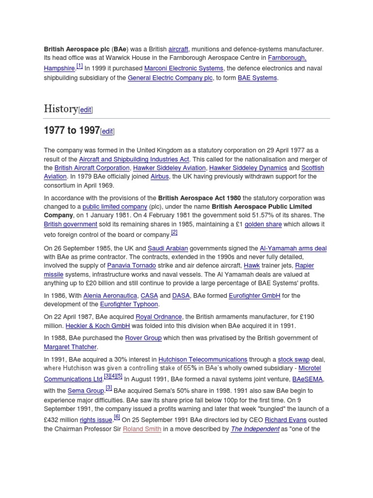 History: British Aerospace PLC (Bae) Was A British | PDF | Aviation ...