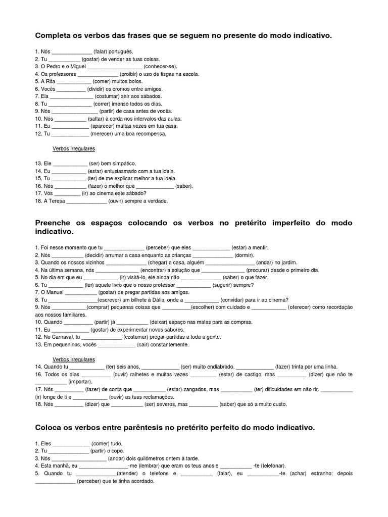 Exercicios Tempos Verbais 5º Ano