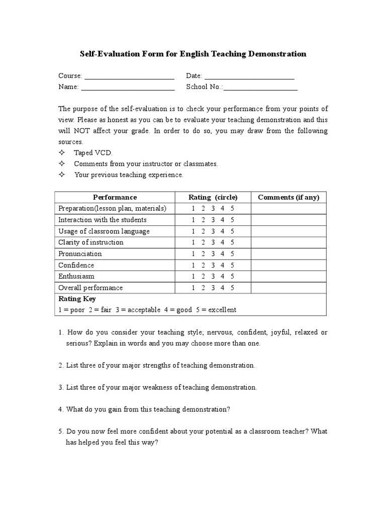 Self-Evaluation Form of English Teaching | PDF
