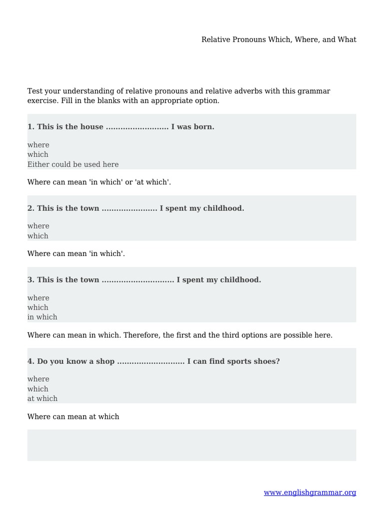 Relative Pronouns Which, Where, and What | PDF | Pronoun | Grammar