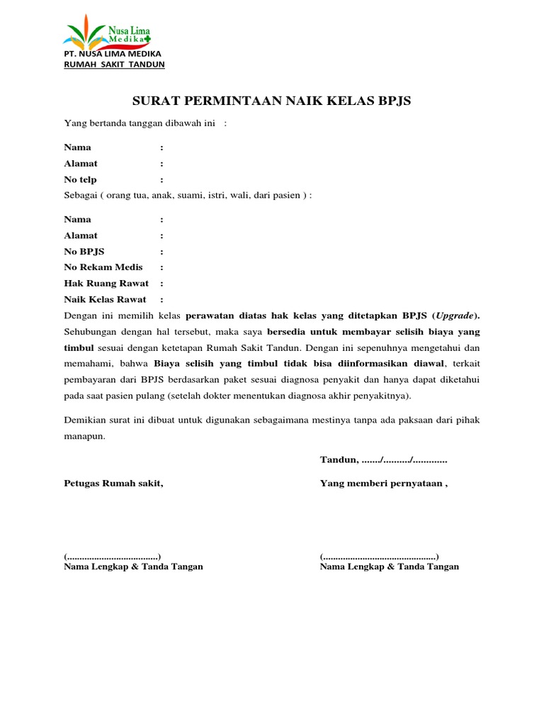 Surat Permintaan Naik Kelas Bpjs