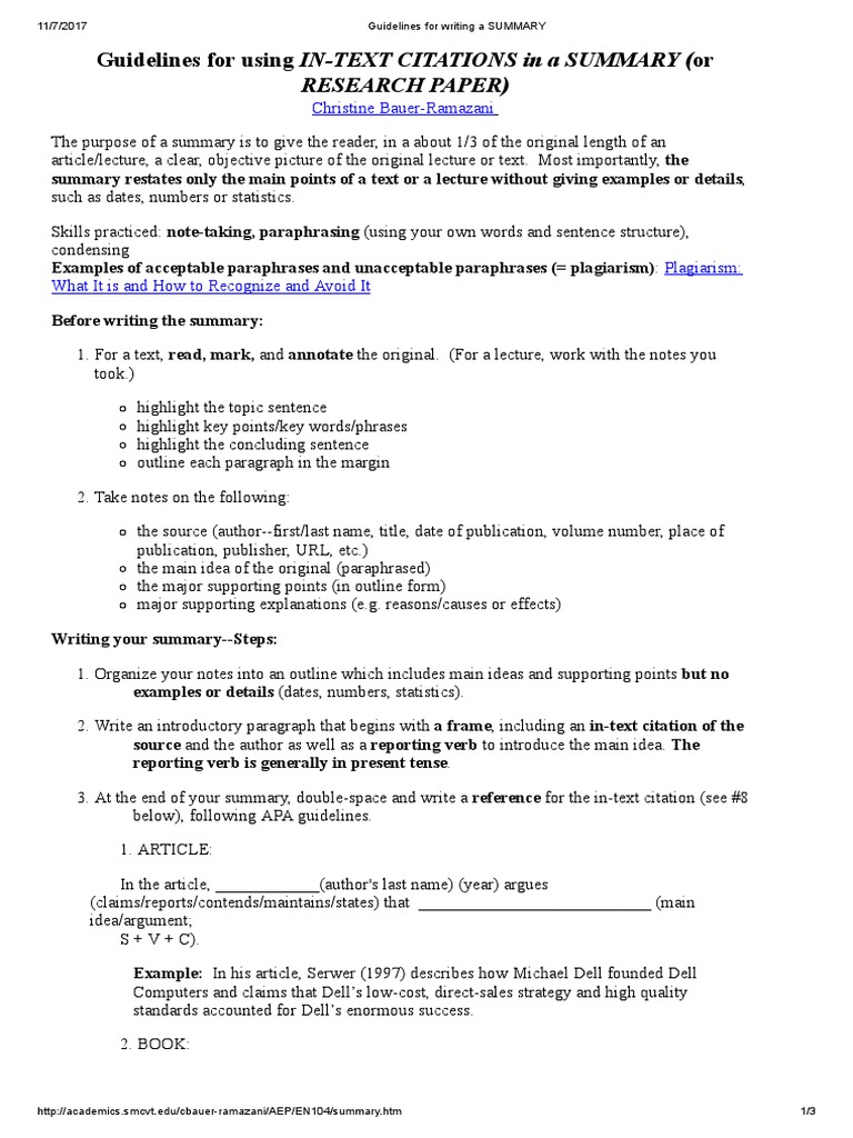 Guidelines For Writing A SUMMARY  PDF  Citation  Phrase