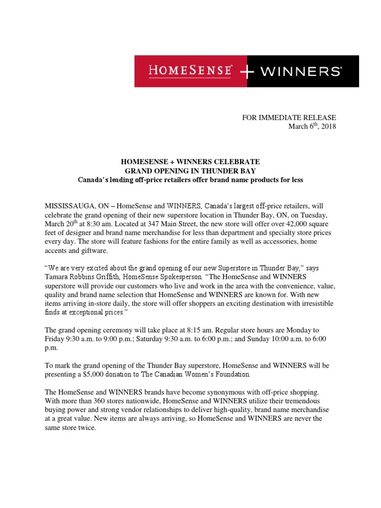 Winners + Homesense Grand Opening in Thunder Bay PDF Big Box Store