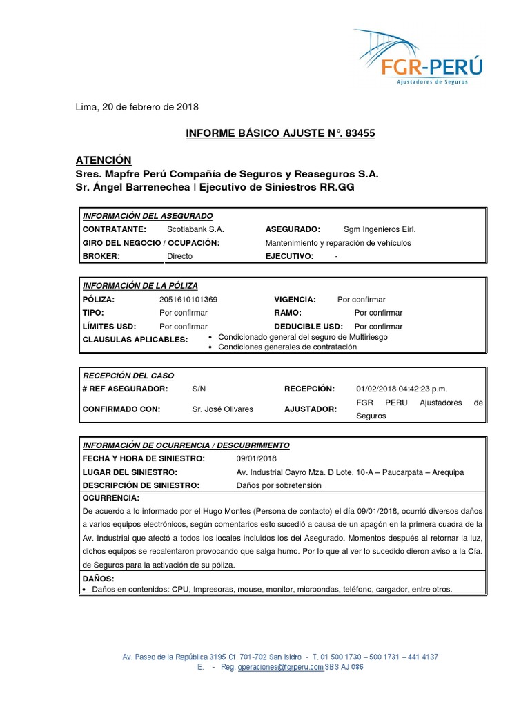 Informe de Siniestro por Daños Materiales | PDF | Póliza de seguros ...