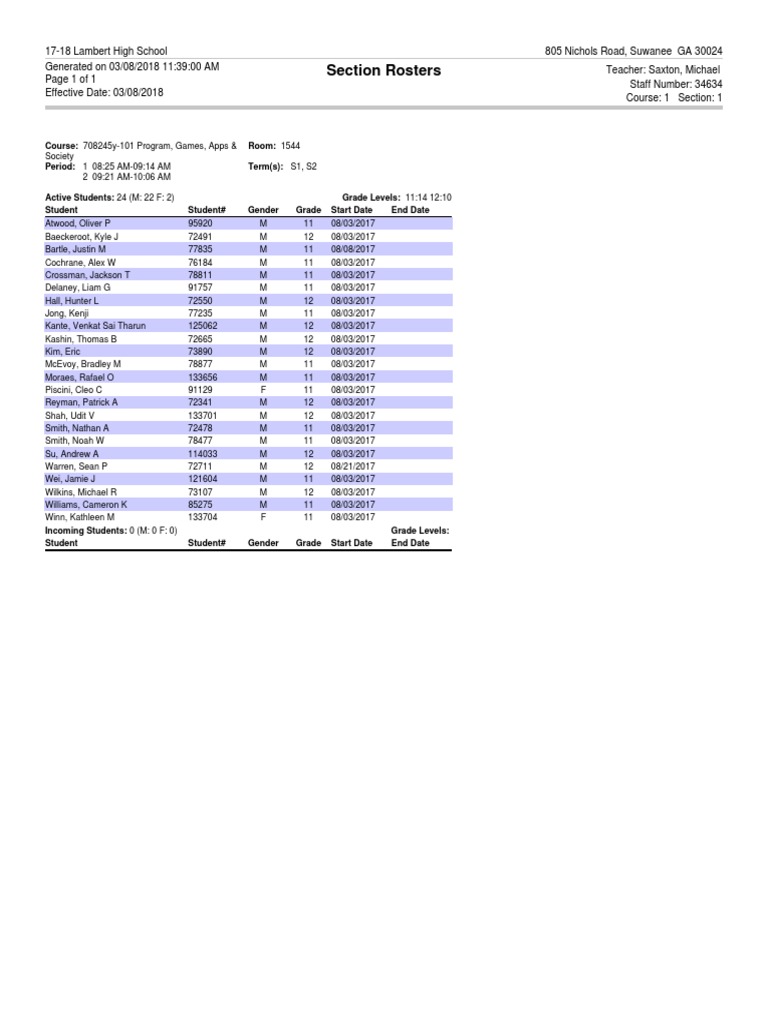 High School Course Roster | PDF