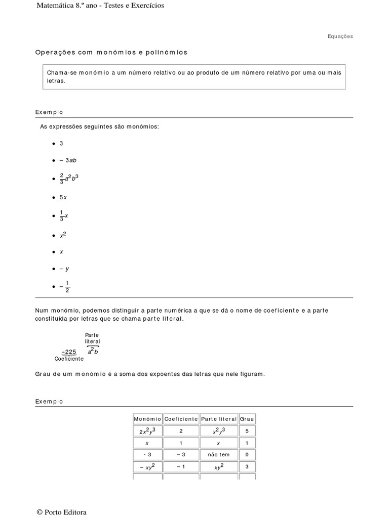 Operacoes Com Monomios e Polinomios PDF | PDF | Lógica | Conceitos ...