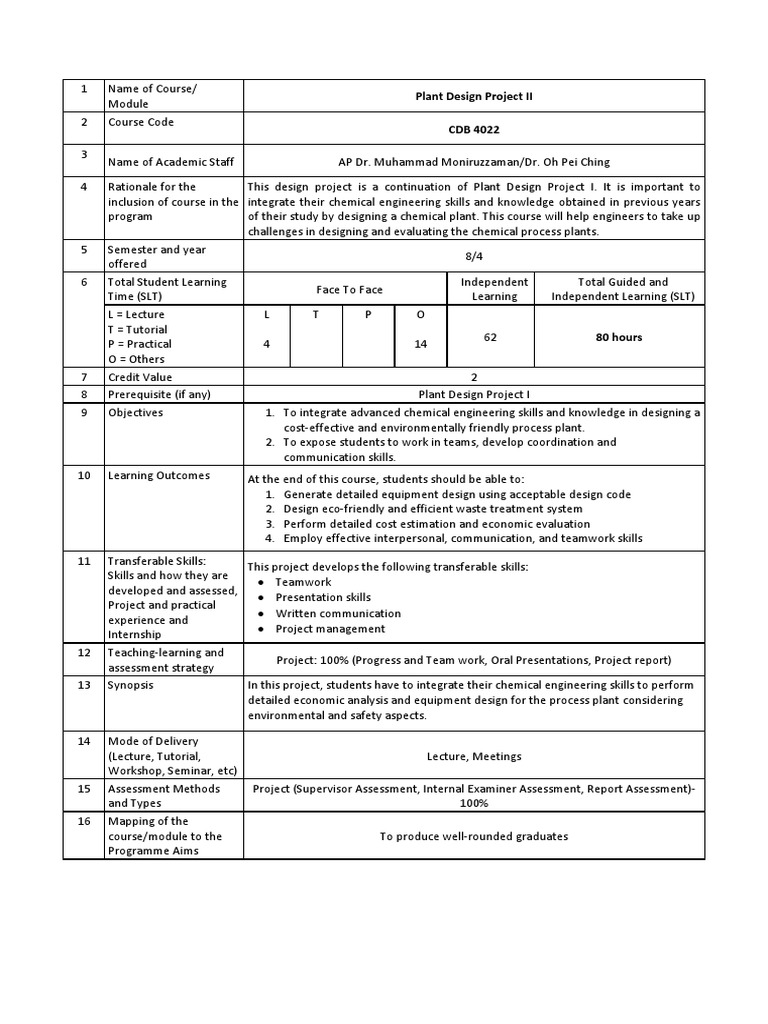 Plant Design Project II CDB 4022 | PDF | Design | Chemical Engineering