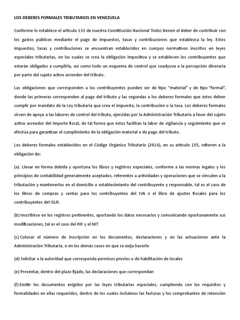 Deberes Formales Tributarios en Venezuela | PDF | Impuestos | Gobierno