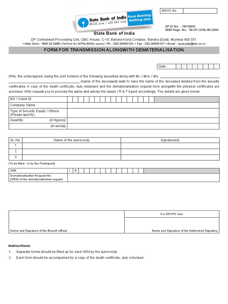 Transmission Cum Demat Form | PDF