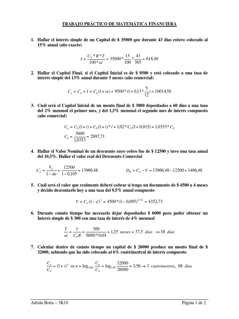 TP Matematica Financiera PDF | PDF | Finanzas Matemáticas | Economía ...