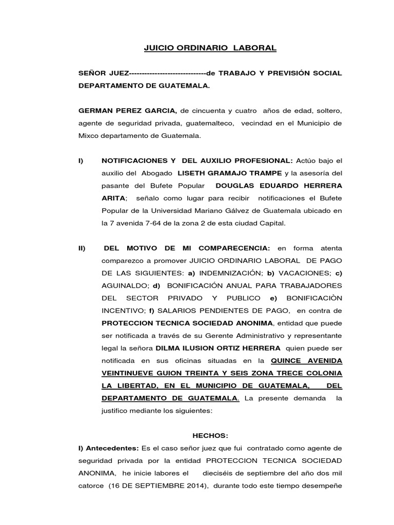 Juicio Ordinario Laboral Demanda Modelo Salario Evidencia Ley