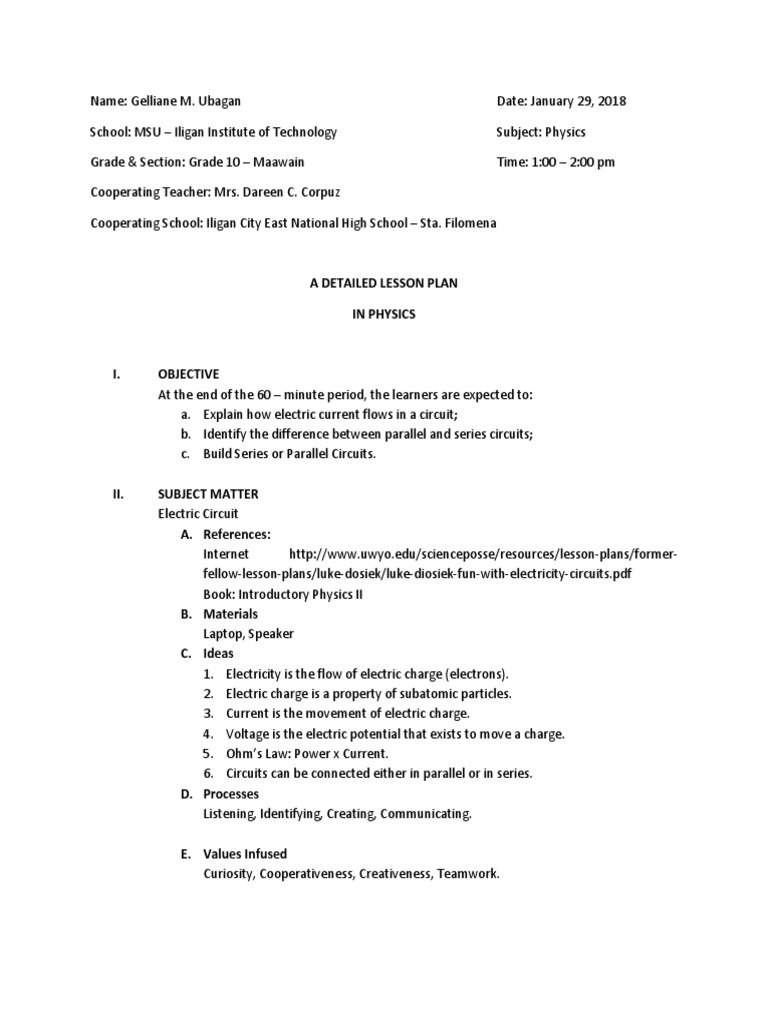 A Detailed Lesson Plan in Physics | PDF | Series And Parallel Circuits ...