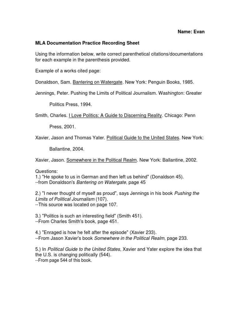 Mla Documentation Recording Sheet-2 Evan | PDF | Citation | Plagiarism