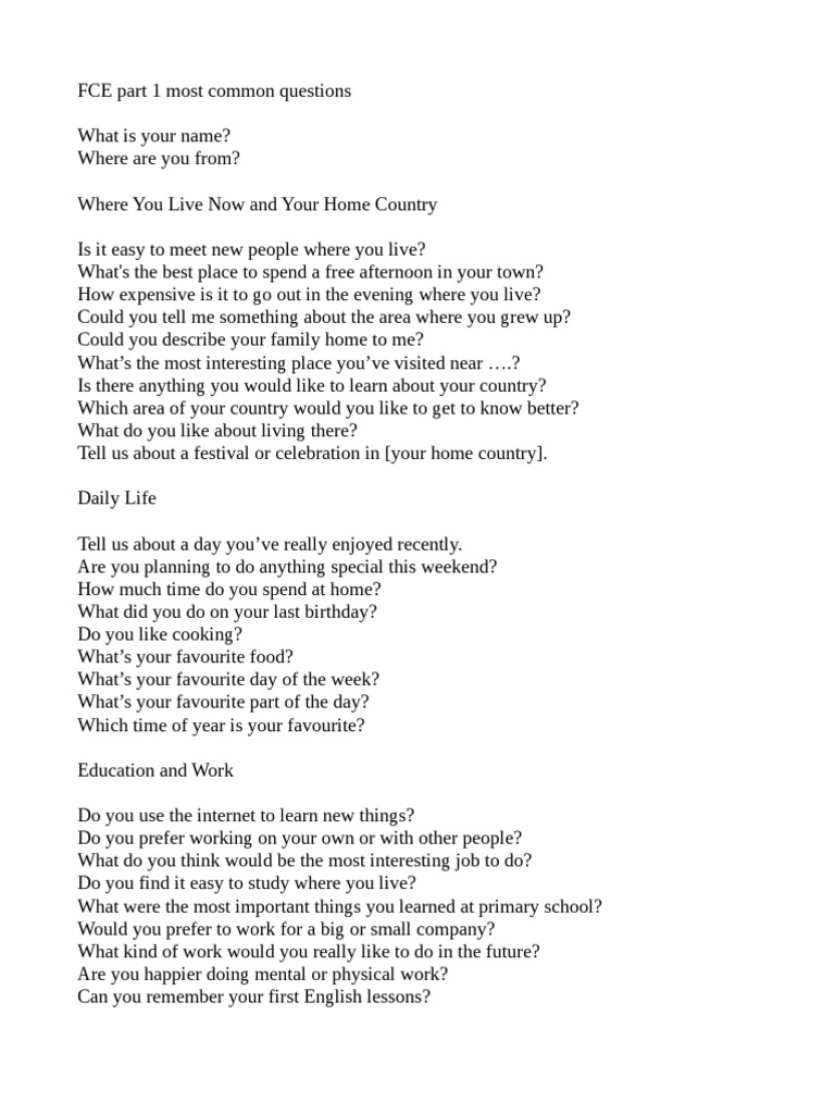 FCE Speaking Part 1 Questions | PDF | Newspapers