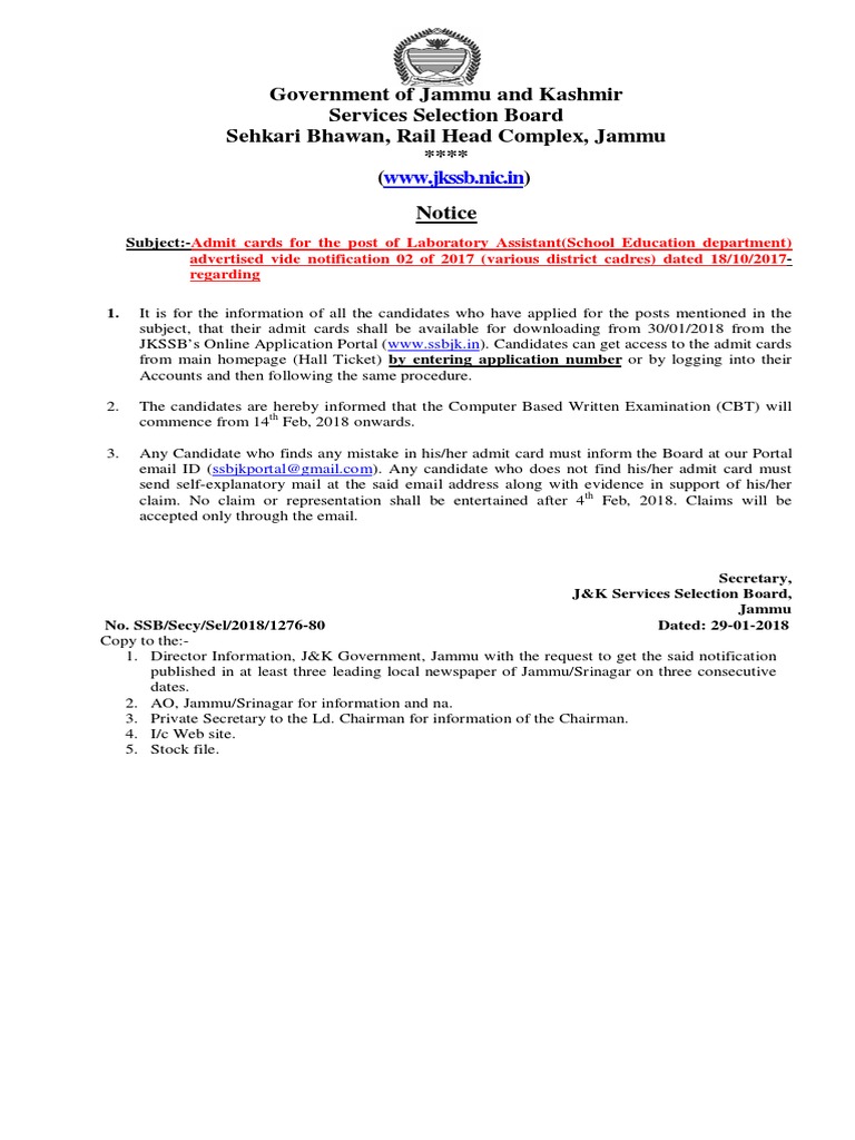 Government of Jammu and Kashmir Services Selection Board Sehkari Bhawan, Rail Head Complex