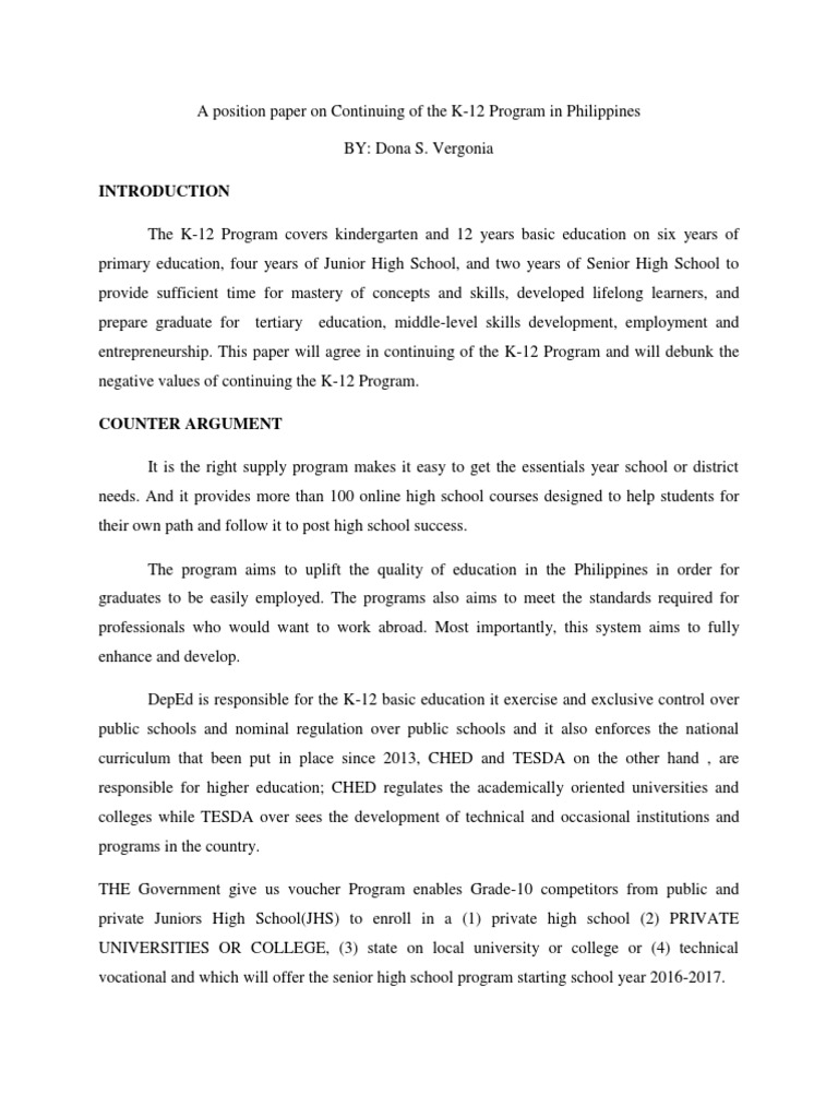 A Position Paper On Continuing Of The K 12 Program In Philippines Pdf Schools Quality Of Life