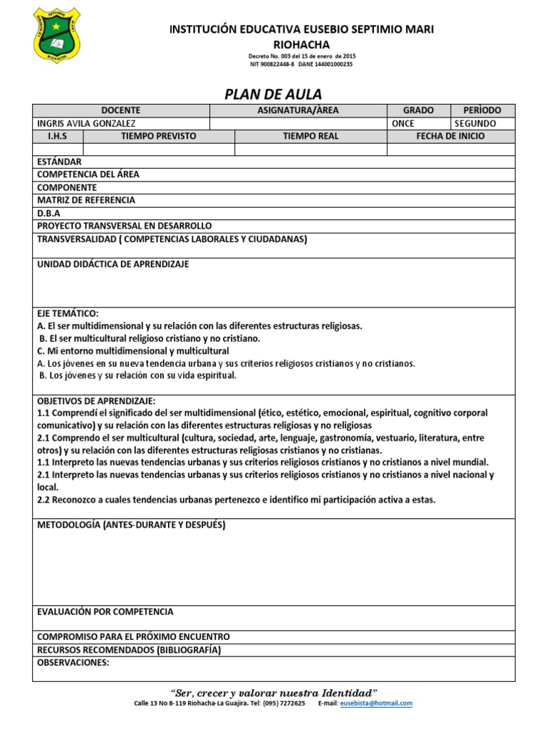 PLAN de CLASE Grado ONCE Segundo Periodo | PDF | Salón de clases | Maestros