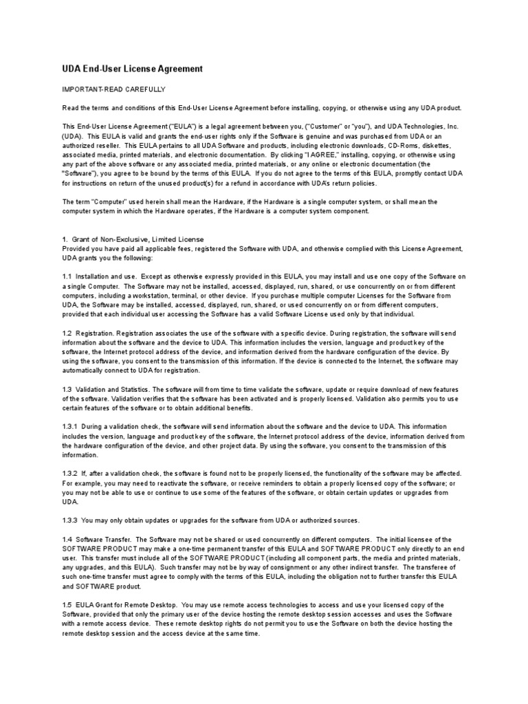 UDA End User License Agreement 1 Grant Of Non Exclusive Limited