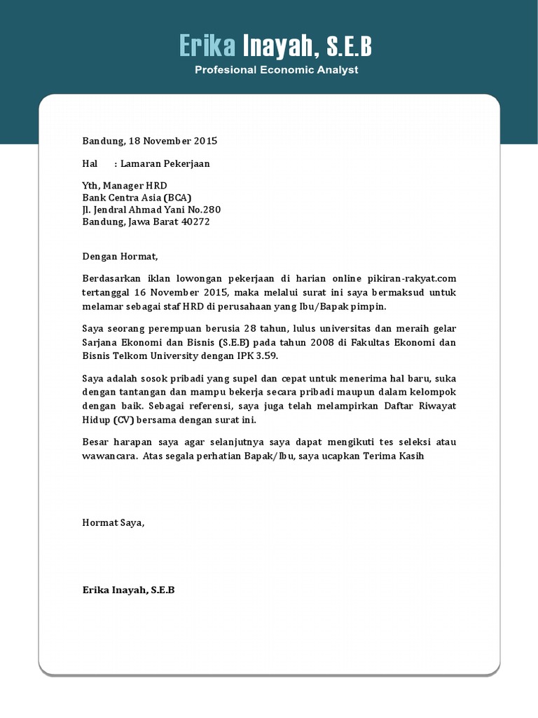 Contoh Kop Surat Lamaran Kerja Yang Benar