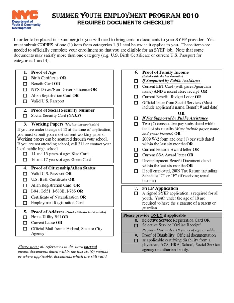 SYEP 2010 Documents Checklist | PDF | Birth Certificate | Government ...