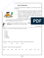 Lista de Exercícios I Expressões Algébricas e Monomios