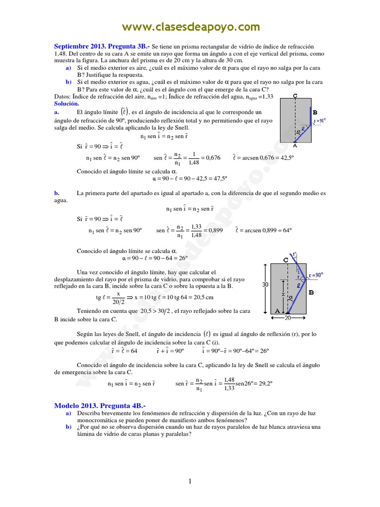 Ejercicios sobre Refracción y Reflexión de Luz | PDF | Refracción ...