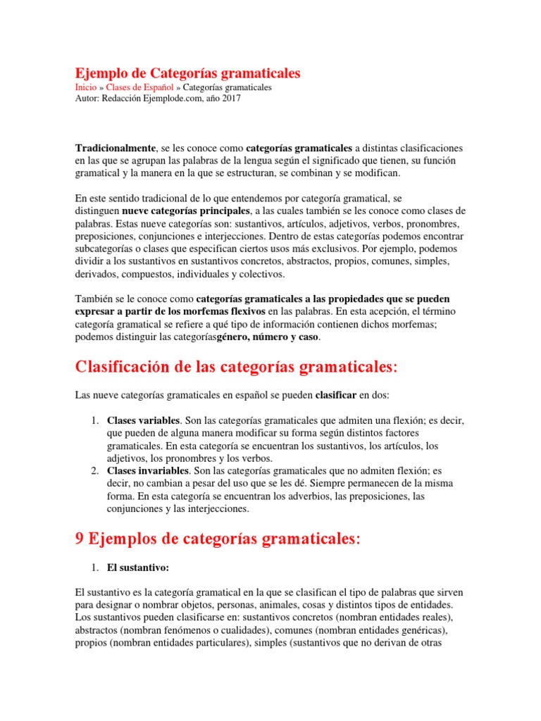 Categorias Gramaticales Pdf Verbo Palabra