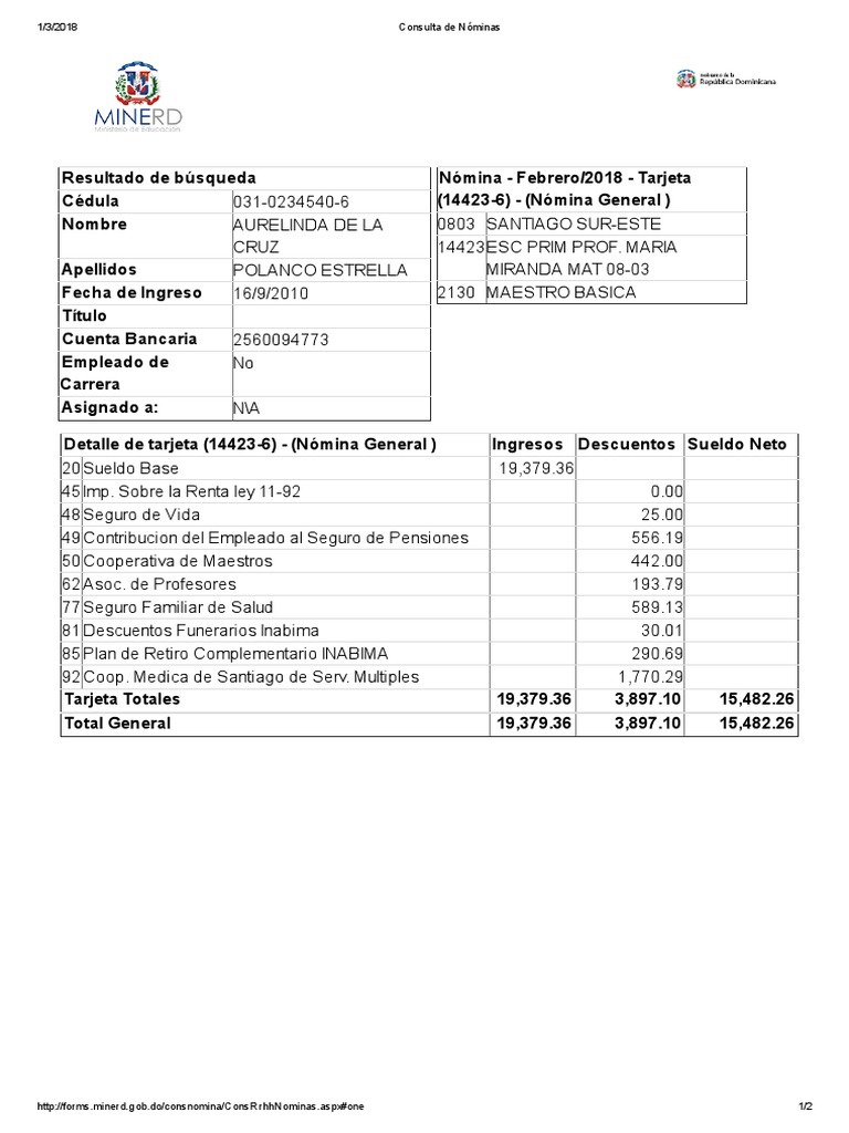 Consulta de Nómina del MINERD 2018 | PDF | Finanzas y dinero