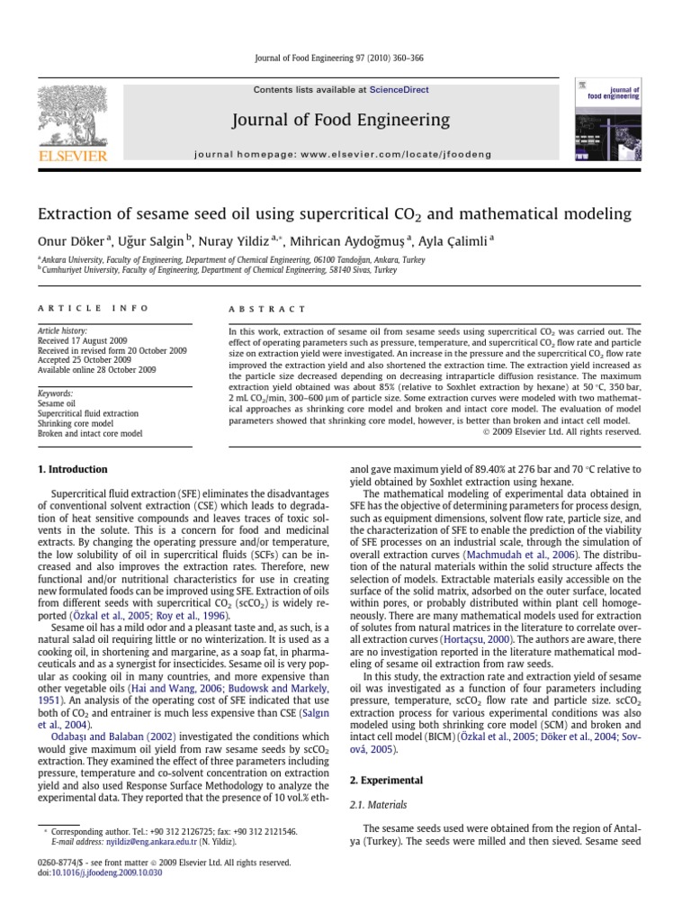 Extraction of Sesame Seed Oil Using Supercritical Carbon Dioxide and