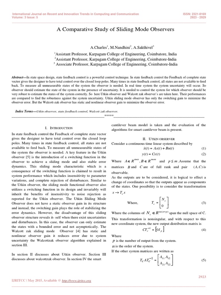 A Comparative Study of Sliding Mode Observers | PDF | Control Theory ...