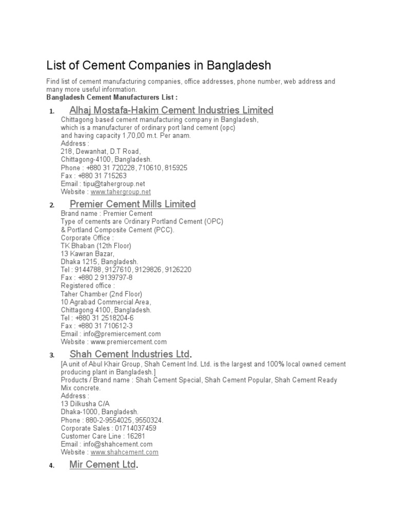 List of Cement Companies in Bangladesh PDF Bangladesh Cement